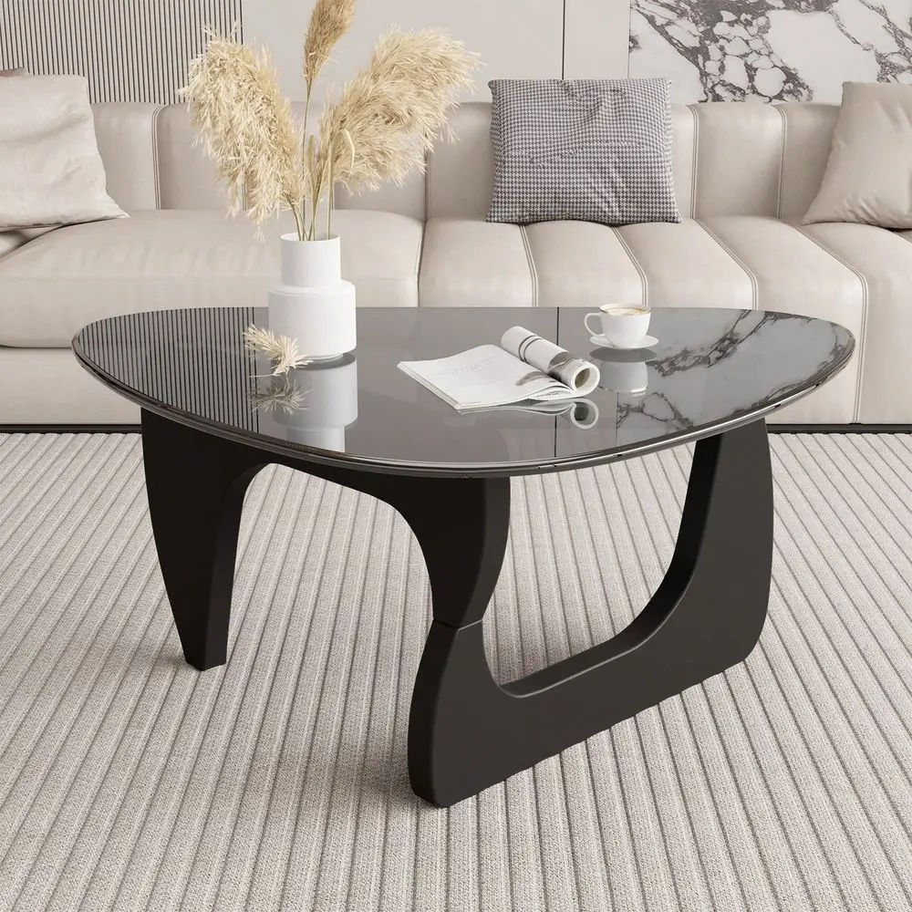 Modern Triangle Coffee Table With Tempered Glass Top, MultiSize Mid Century Coffee Table With Wooden Base For Living Room, Apar