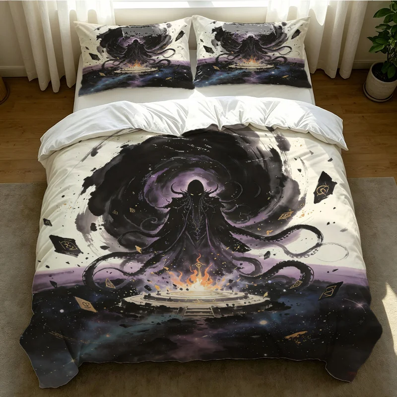 2/3Pcs Microfiber Duvet Cover Set,Ultra-Soft,Breathable,Skin-Friendly,Durable,Dark Lord with Tentacles Celestial Flames Print