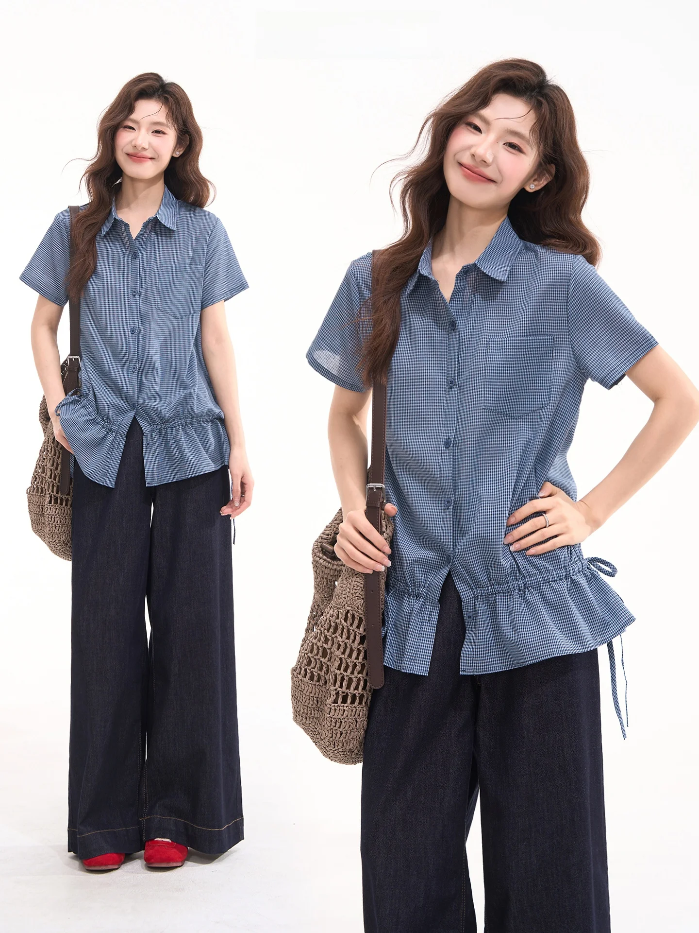 

Летняя хлопковая рубашка в клетку с коротким рукавом, женская повседневная блузка с завязками по низу, с принтом «Цветочное поле», «Звездное поле», «Лунное поле»