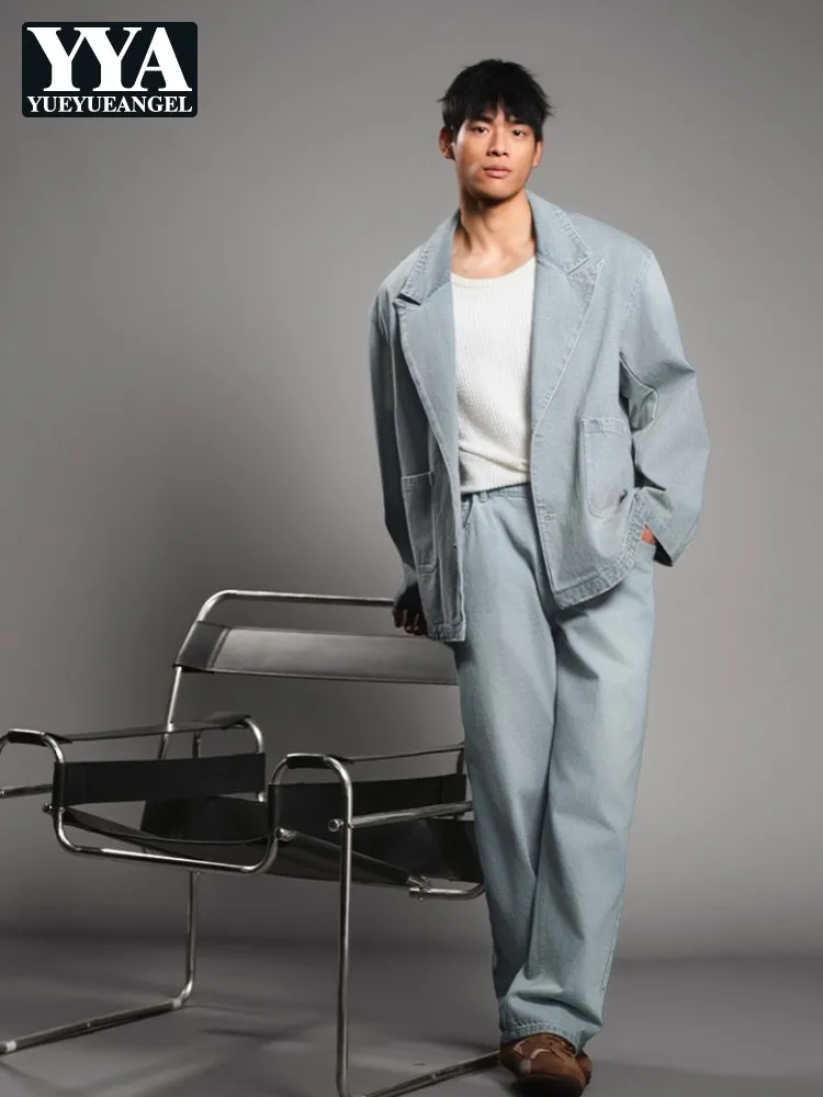 Youthful Males Denim Blazer Suit Single Breasted Two Button Jacket Match Set Loose Fit Casual Elastic Waist Long Jeans Outfits