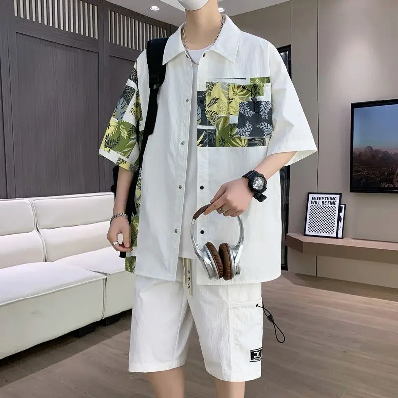 

Print White Shirts Shorts Suits for Men Graphic Two-piece Set Outdoor Loose Korean Casual Trendy Style 2025 Outfits Tee Man Sets