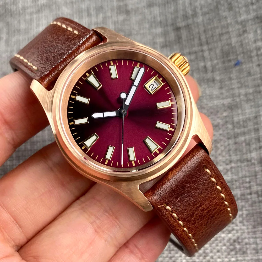 36mm Tandorio 24 Jewels NH35A Automatic Mens Watch Purple Dial luminous Hands Sapphire Glass 200m Waterproof Leather Strap