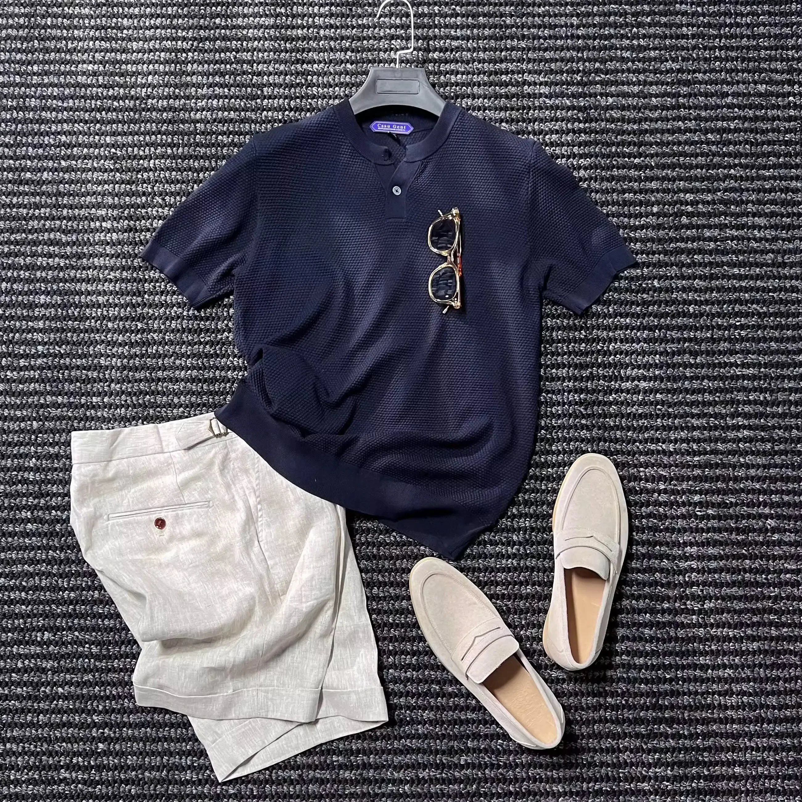 CssuGet Summer, Old Money Wind, Henry Collar Short Sleeve Knitted T-Shirt Men's Gentleman Elegant Casual T-Shirt