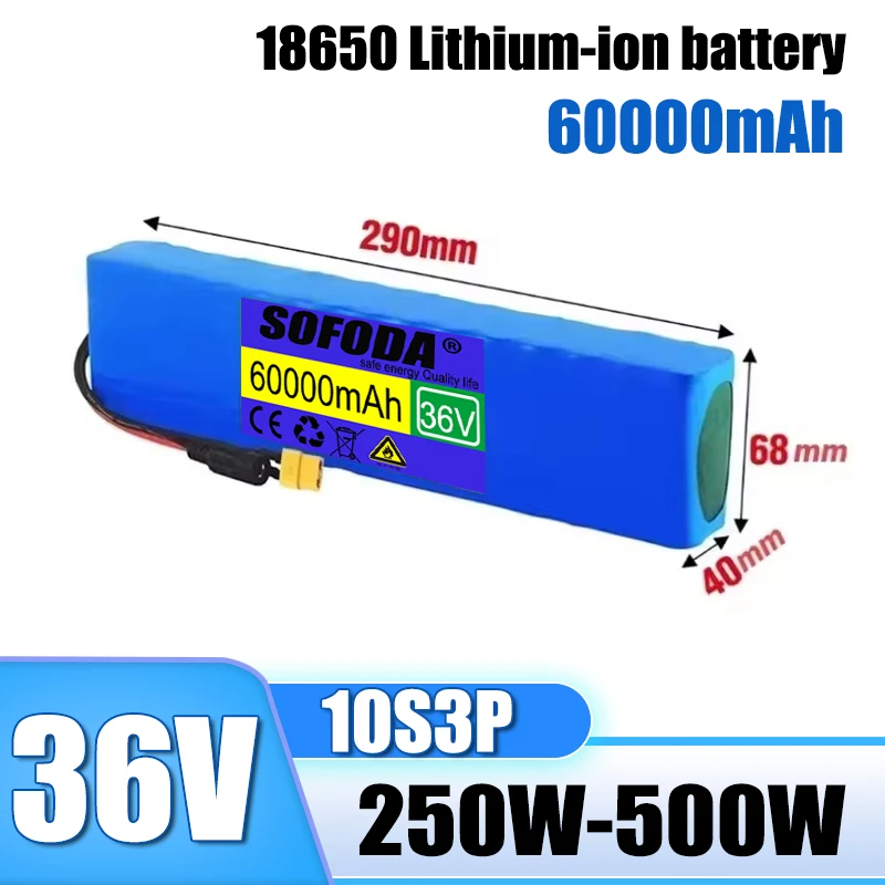 36V 60Ah lithium-ion battery pack 10S3P 60000mAh, built-in 15A BMS, 250W-500W battery+42V 2a charger