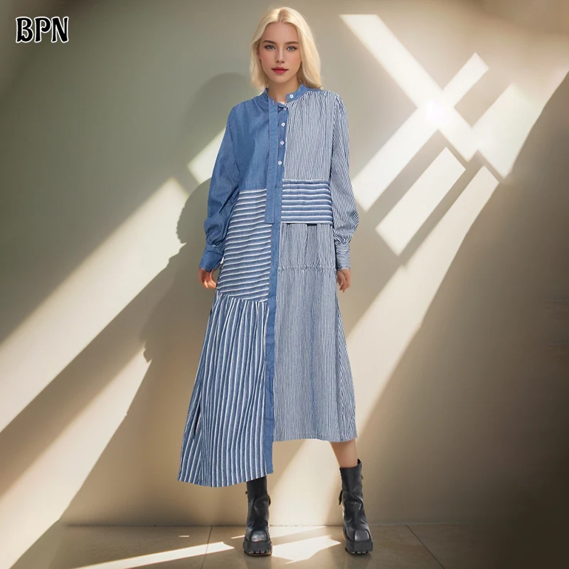 

BPN Asymmetricla Hit Color Dresses For Women Round Neck Long Sleeve High Wiast Casual Loose A Line Striped Dress Female Fashion