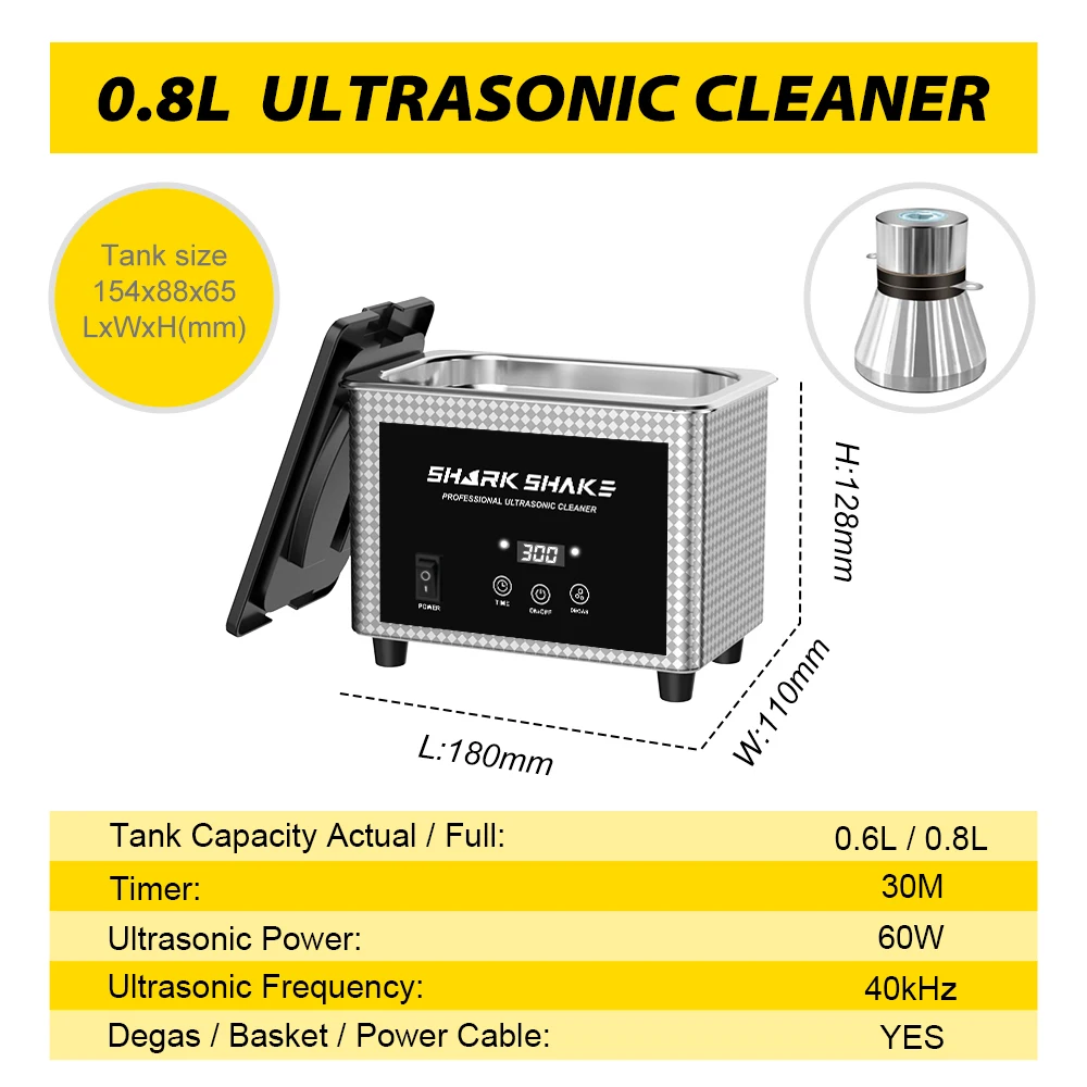 800ML 60W Ultrasonic Bath 220V-240V with Timer Degas Use for Jewelry, Dentures,Watches