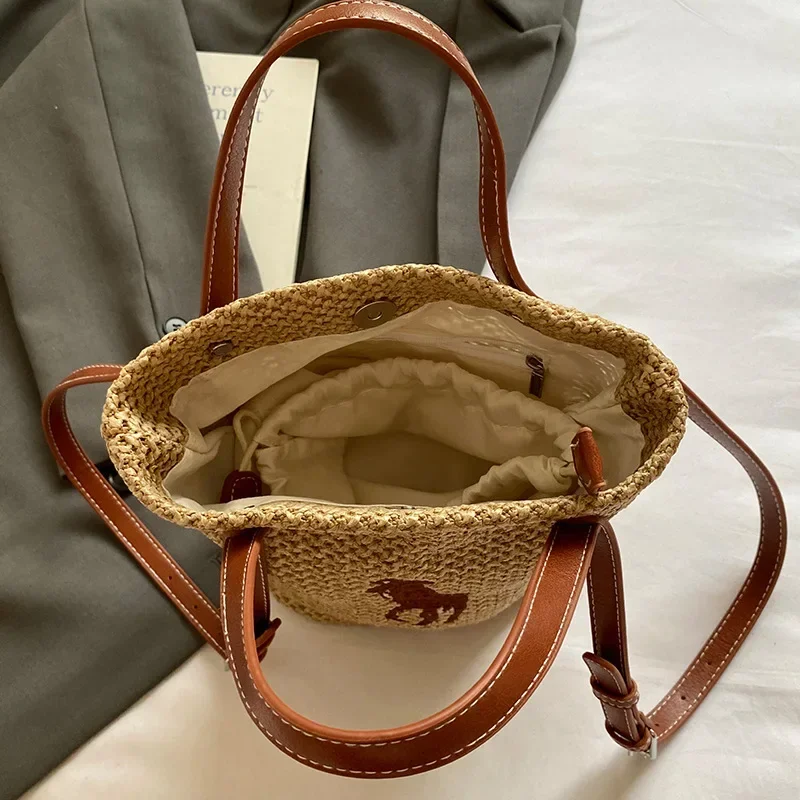 2025 New Straw Bucket Bag - Woven, Summer, Seaside, Large Cap, Mother & Child