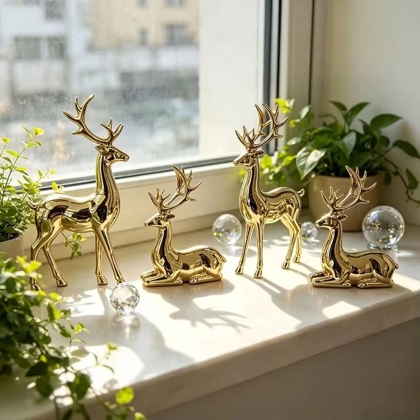 2-piece gold-plated reindeer ornament set, standing and lying desktop ornaments, Christmas home decoration