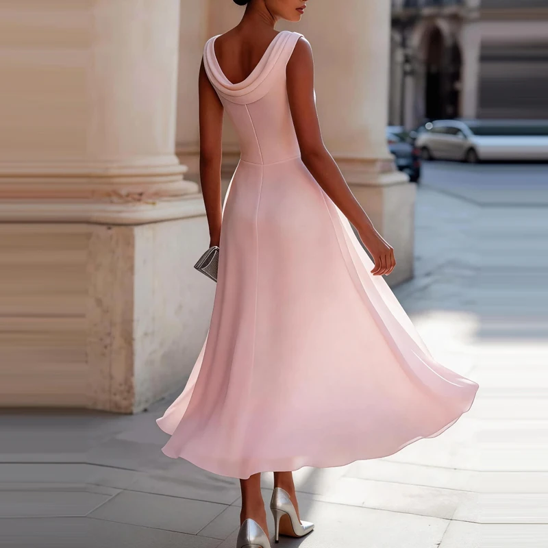 Elegantes Bürokleid in Unifarbe, Langes Damenkleid mit Chiffon, Sommerkleid mit O-Ausschnitt, Ärmellos, Hohe Taille, Schwingendes Freizeitkleid