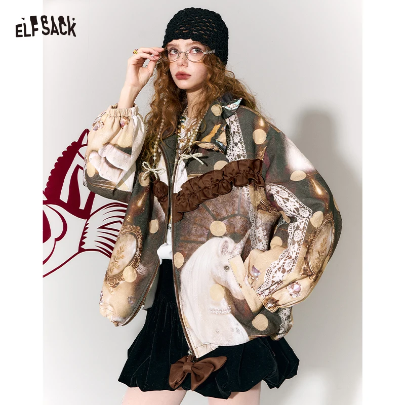 

ELFSACK Magical Unicorn Jacket for Women – Cute Ruffled Bow, Lace & Polka Dot Design, Cozy Winter Streetwear Coat