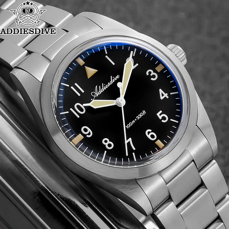 ADDIESDIVE AD2502 Titanium Watch Men 36mm Quartz Wristwatch Domed Glass 100m Waterproof Luminous VH31 Dress Light Watch