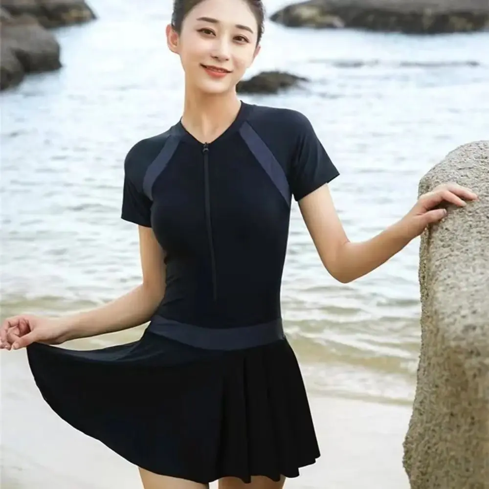 

Solid Color Long Sleeve Zipper Skirt Swimsuit Beachwear Ins Hot Spring Swimwear Sun Protection Korean Style