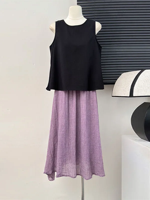 

Retro Korean Loose Sleeveless Vest Women's Summer High Waist Pleated Draping Skirt Two-Piece Set Fashionable Polyester Fiber