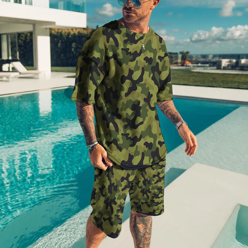 New Men\'s Green Camouflage T-shirts Shorts Set 3D Print Short Sleeve Tee Beach Shorts 2 Pcs Set Summer Oversized Tracksuit Suits