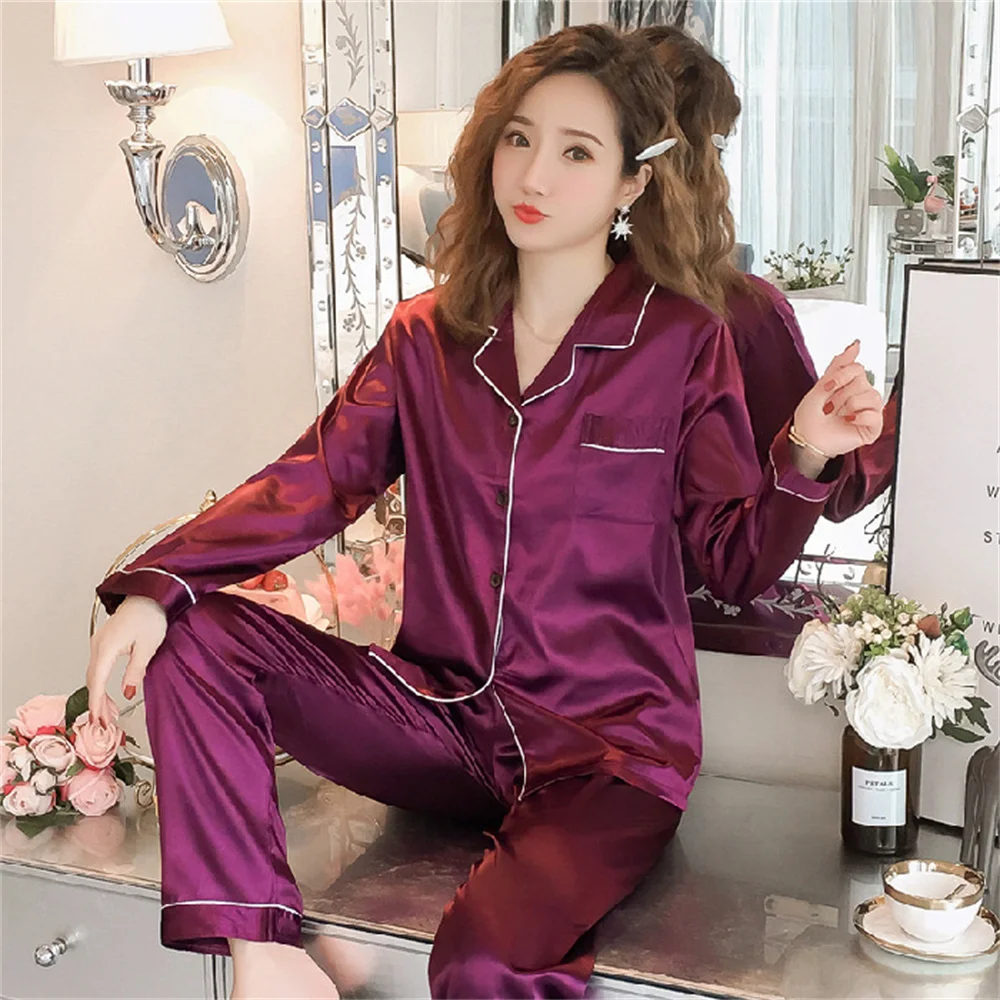 Pajamas Sets Women Sexy Silk Women Pijama Sets Sleepwear Long-Sleeve Cardigan Suit Female Ice Silk Home Clothing Nightwear 2pcs