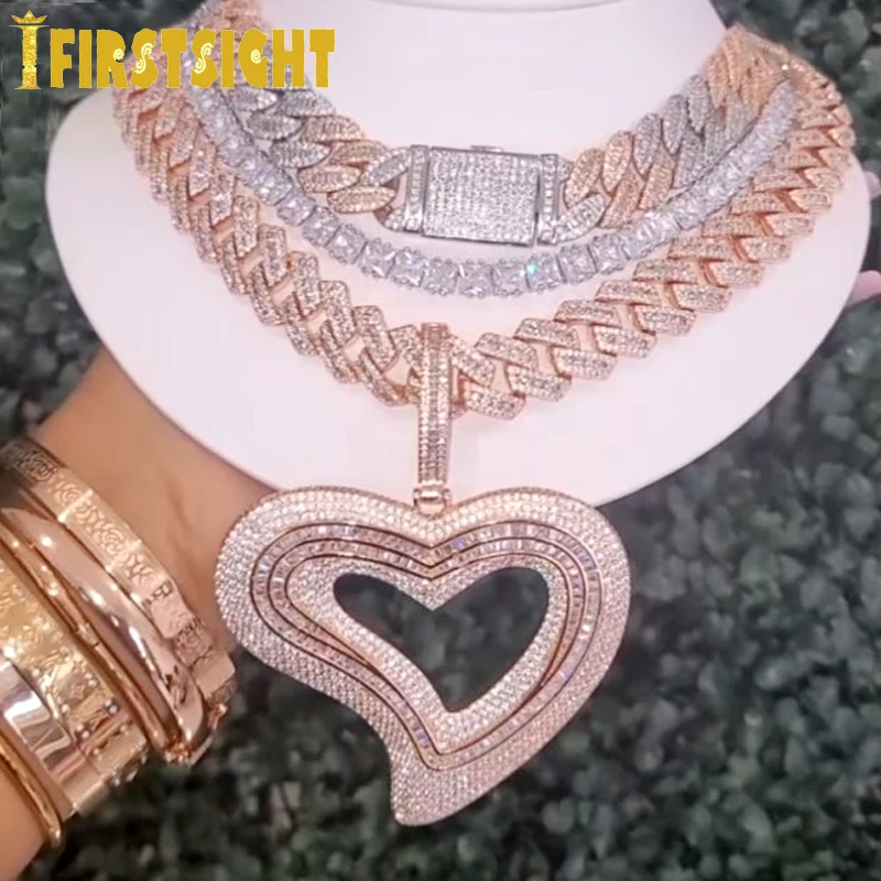 New Iced Out Big Hollow Heart Pendant Necklace Bling Rectangle CZ Cubic Zirconia Tennis Chain Charm Women Men Hip Hop Jewelry