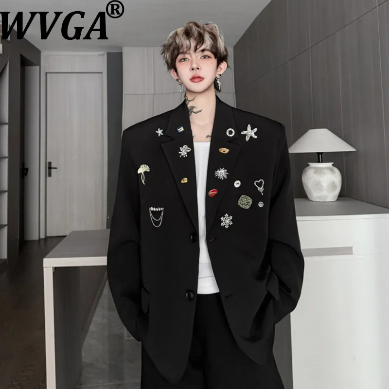 

WVGA Spring Autumn New Man Solid Color Lapel Metal Decoration Trendy Blazer Niche Chic Casual Long Lseeve Jackets Ins Y2K W22007