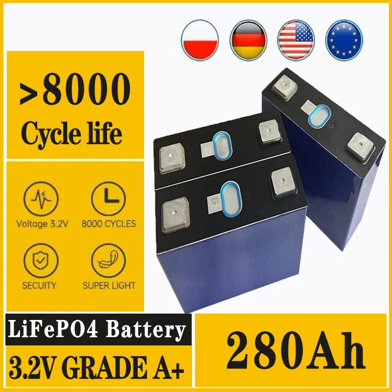 

Совершенно новая аккумуляторная батарея LiFePO4 3,2 В класса A, 280 Ач, 8000 циклов, подходит для солнечной системы электромобиля DIY 12 В 24 В RV