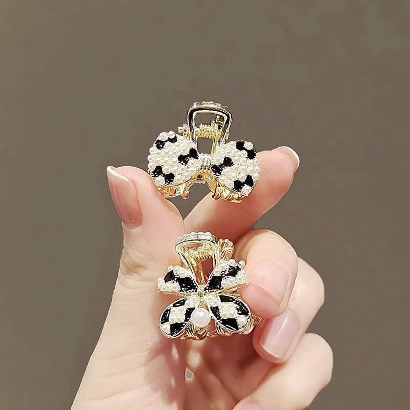 Exquisite Cute Bow Mini Hair Slide Retro Black and White Pearl Metal Clip Girl Bangs Side Clip Sweet Hair Accessories