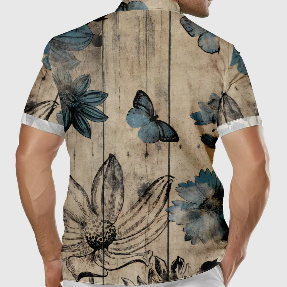 Camisa de borboleta masculina estampada, Botão para cima, Tecido Vintage, Casual, Mangas curtas, EUA, Tamanho positivo, Verão, Hot Sale, Personalizado