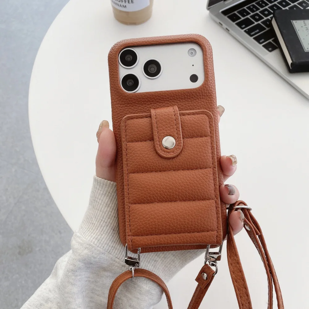 Down Jacket Suitable for iPhone 17promax Lychee Patterned Phone Case 16pro Card Bag 15 Diagonal Spans 14 13 Protective Covers