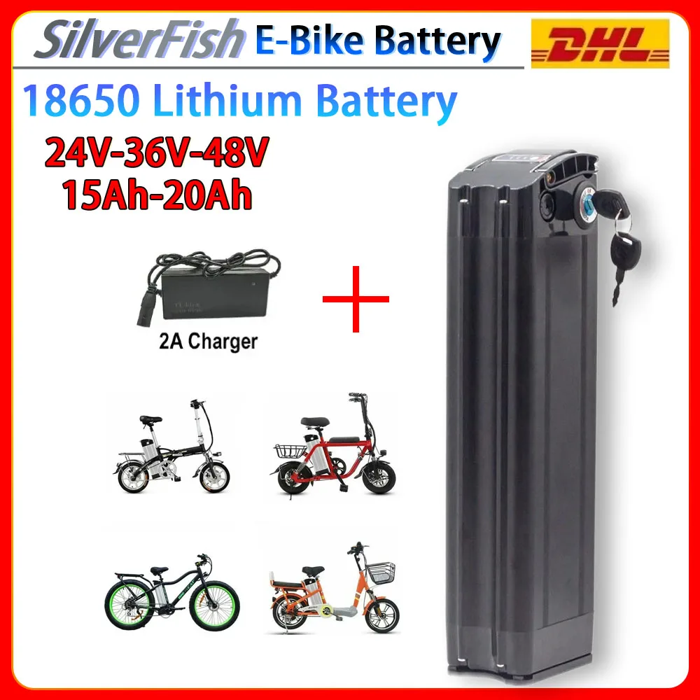 

48V 20AH lithium-ion battery 36V 24V Silver Fish Lithium suitable for electric bicycles 800W 1000W 48V18650 battery pack+charger