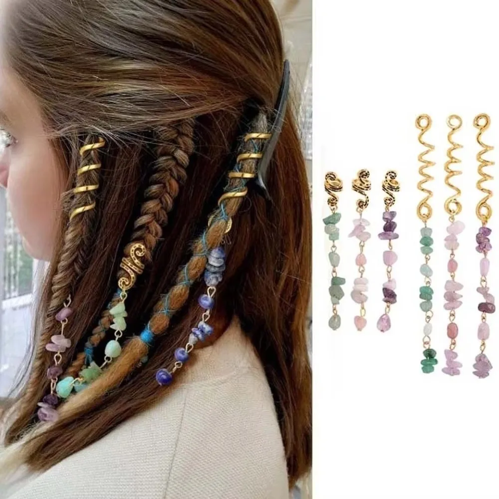 2Pcs/Set Long Tassel Dreadlock Hair Jewelry Vintage Ethnic Style Irregular Stone Spiral Dreadlock Hair Clip Alloy