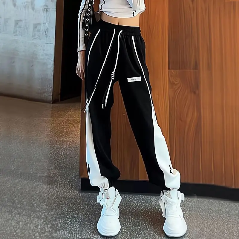 Spring Autumn Casual Color Contrast Bandage Sweatpants All-match Appliques Pockets Loose Patchwork Harem Jogger Trousers Trend