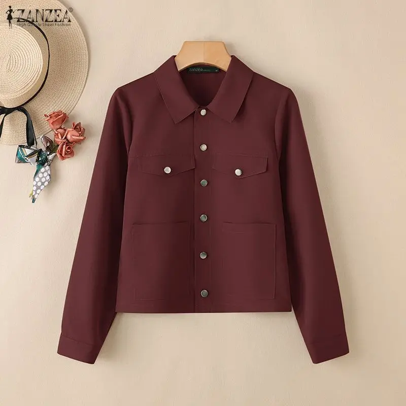 ZANZEA femmes automne chemises 2026 printemps revers cou à manches longues Blouse solide boutons haut Slim Fit mince manteaux vêtements d'extérieur de bureau