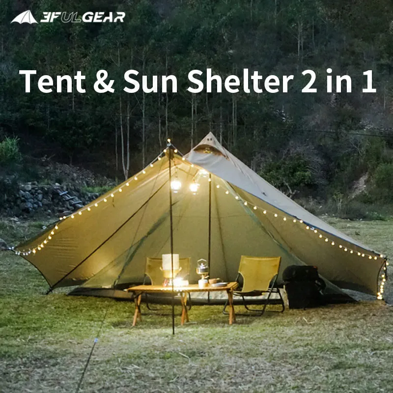 3F UL GEAR 2IN1 Awning Tribal Tent Upgrade 2.0 Expandable Large Space Windproof 5-8 Persons Camping Hiking Family Tent 210T/210D