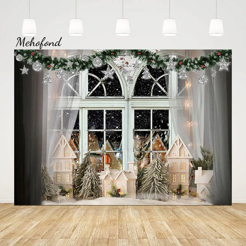 Mehofond Christmas Window Photography Backdrop Family Holiday Party Xmas Star Curtain Snow Scenery Decor Photo Background Studio