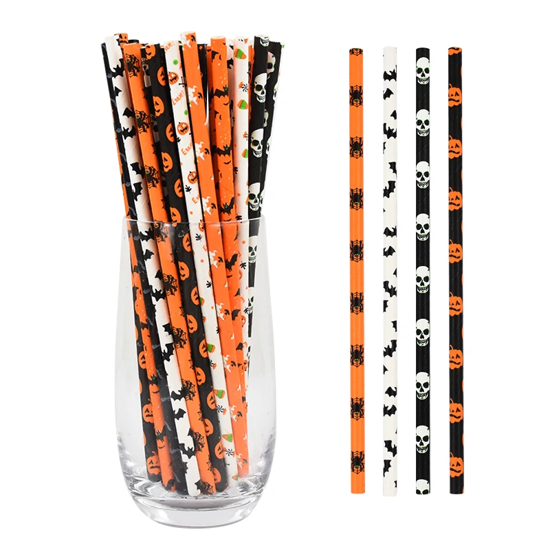 4Pcs Halloween Skull Goost Disposable Straw Pumpkin Print Paper Straws Halloween Party Decorations Supplies Bar Cocktail Decor