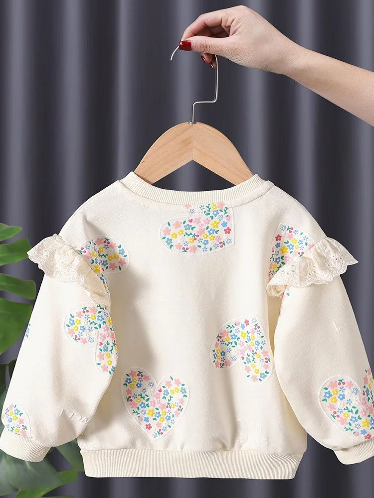 Fashionable Floral Heart Print Hoodie for Girls Cotton Blend Overhead Shirt Korean Style Commute Suitable for Teens