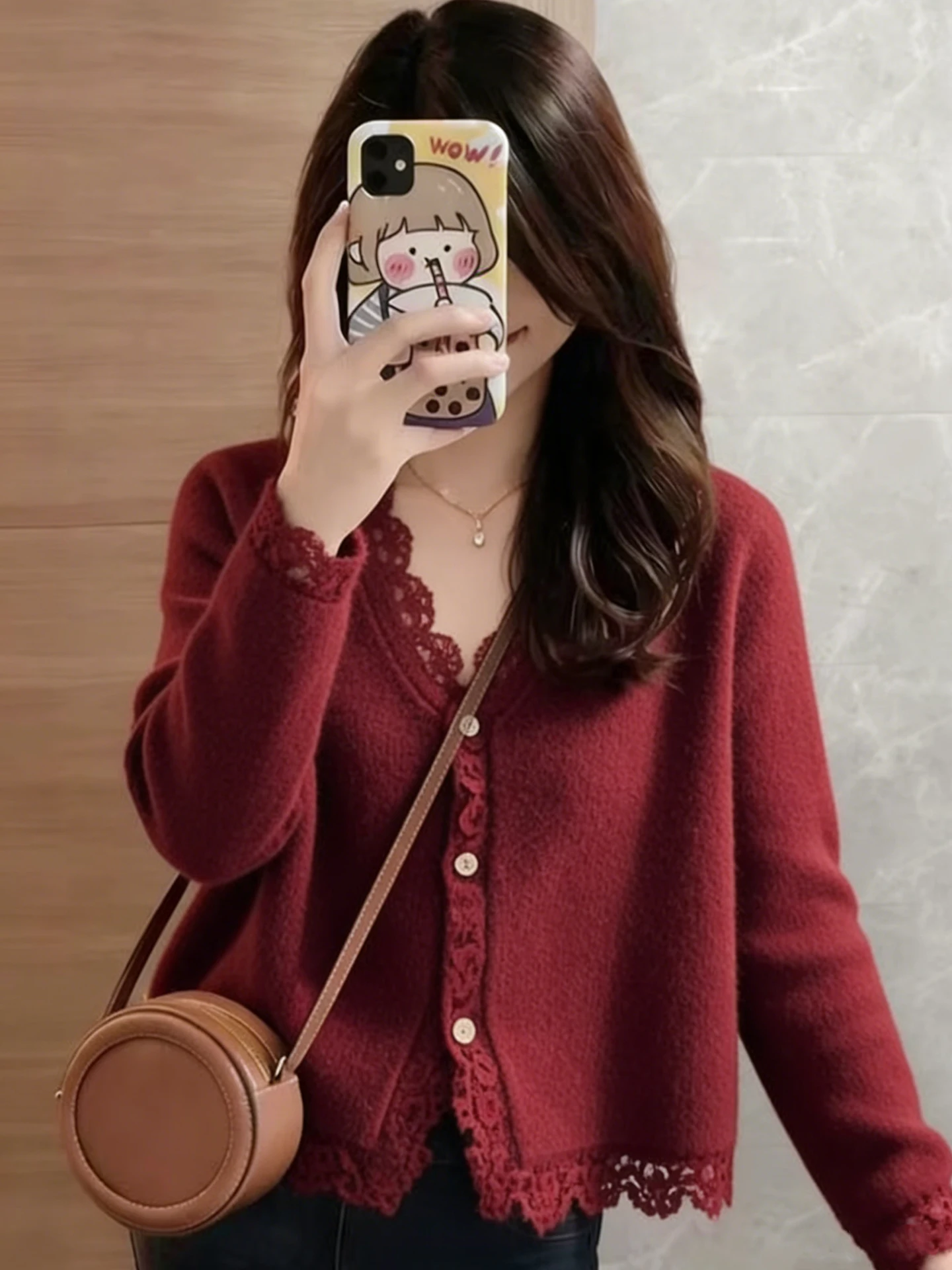 Soft Red Lace Trim Knitted Sweater V-Neck Elegant Loose Fit Long Sleeve Top Versatile Fashionable Spring New Arrival Women's ...