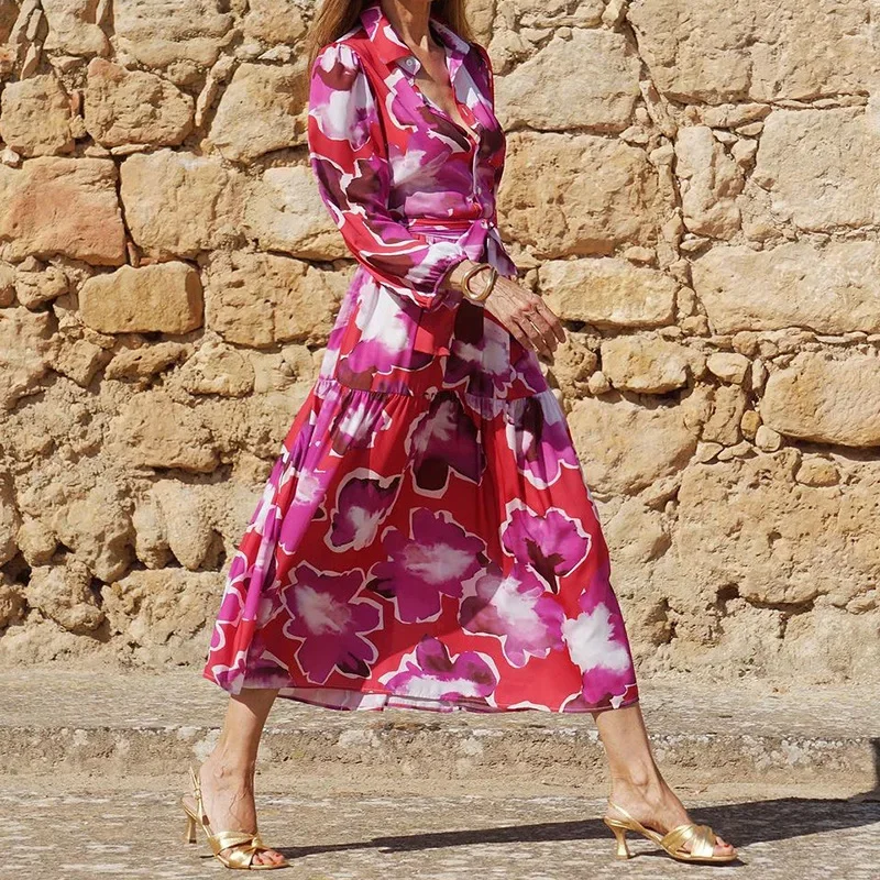 Vestido de longitud media con cordones para mujer, maxivestido informal de cintura alta, Bohe Y2K, manga larga con solapa y estampado Floral