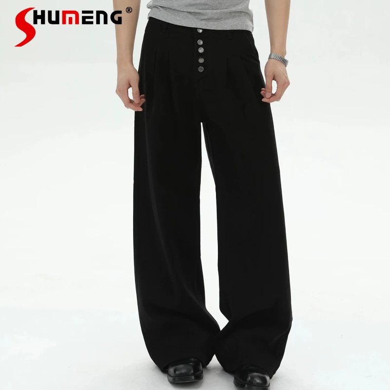 

2026 Men's Spring New Fashion Solid Color Denim Trousers Chic Single-breasted Straight Jeans Loose Comfort Wide Leg Denim Pants
