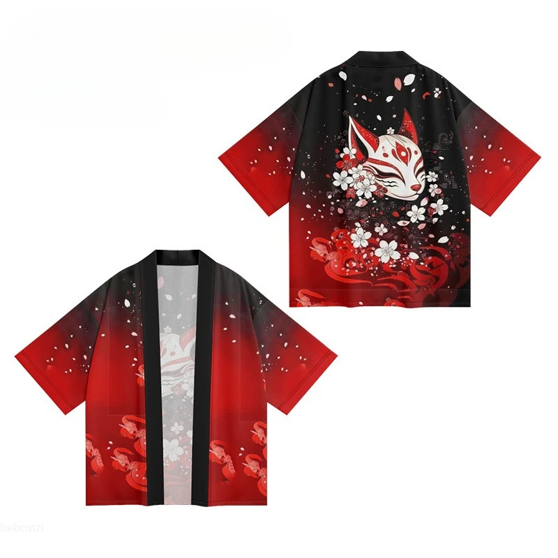 العديد من الأنماط اليابانية إيناري فوكس طباعة كيمونو 2025 الصيف النساء الرجال هاوري المتضخم سترة يوكاتا رداء Harajuku القمم #5