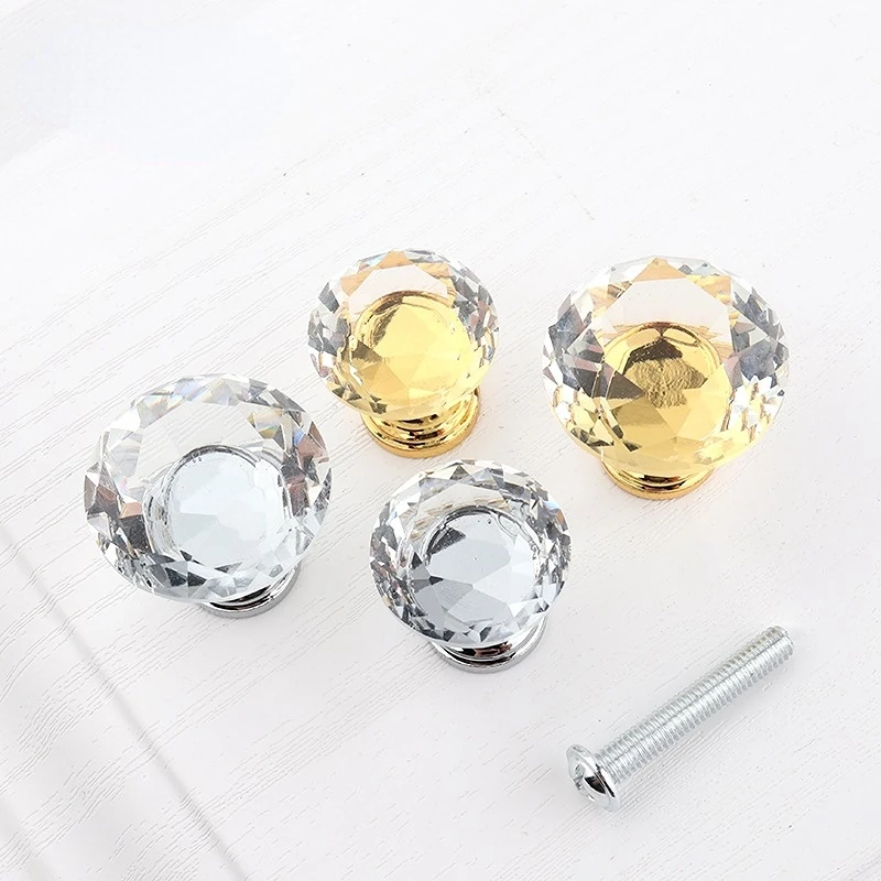 20/25mm crystal glass small handle, golden diamond door handle, cabinet drawer, circular handle, single hole