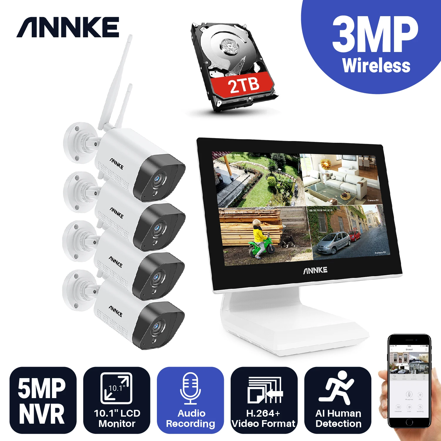 ANNKE 8CH 3MP Full HD WiFi NVR Video Surveillance System with 10.1’’ LCD Monitor 4pcs 2MP IP Camera Audio Recording Camera Kit