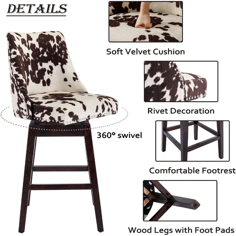 مجموعة مقاعد بار دوارة بارتفاع عداد حديث من منتصف القرن، كرسيين منجدين مخمليًا مقاس 27 بوصة بأرجل خشبية