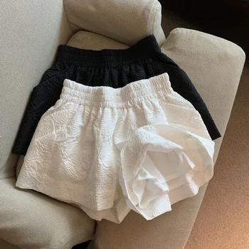 Women's Casual Wide Leg Shorts Vintage Black White Jacquard Shorts Female Korean Chic Elastic High Waist Streetwear Short Pants