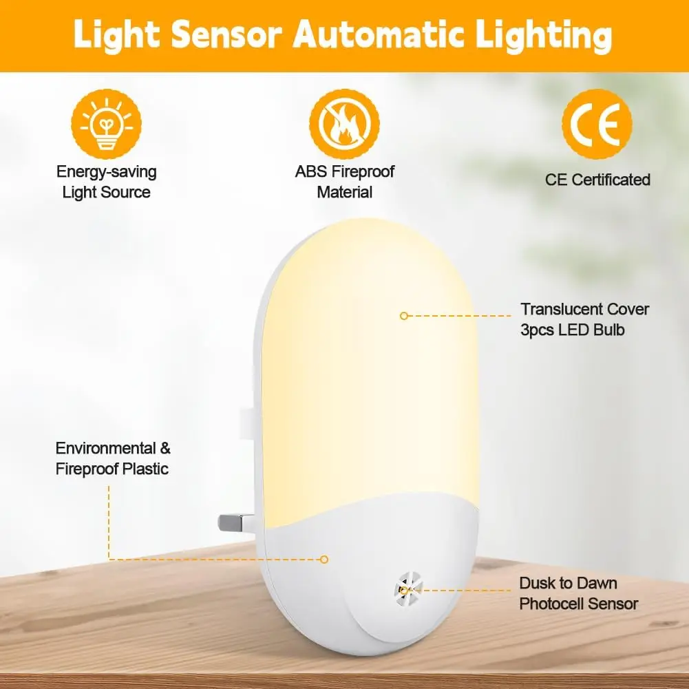 Plug in Night Light, Plug in Wall with Dusk to Dawn Sensor 0.5W Warm White RGB Night Light for Kid Bedroom, Bathroom, Stair