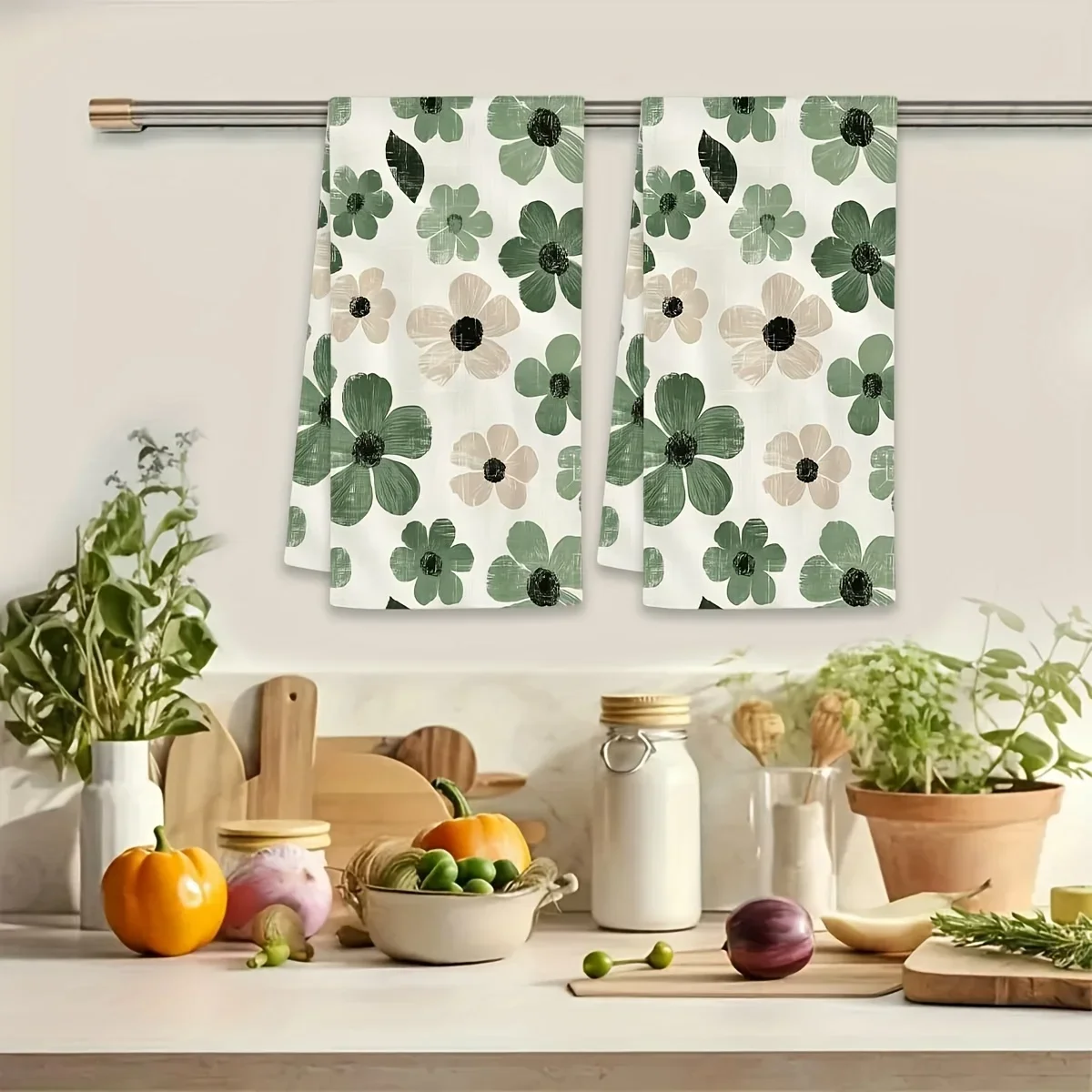 2Pcs, Sage Green Floral Kitchen Towels, 40Cm*60Cm Towel Set, Super Absorbent Soft Cleaning Cloth, Cooking Baking Tea Towe