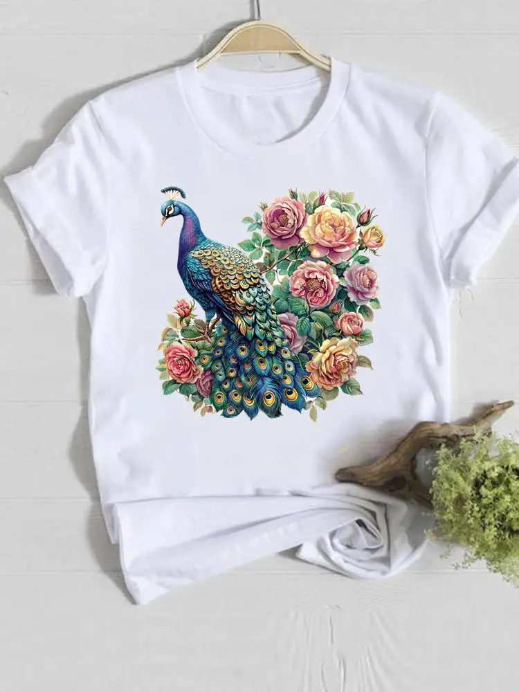 

Lovely Flower Cute T Clothing White Short Sleeve T-shirts Women Tee Womens Print Casual Ladies Graphic O-neck Fashion Clothes