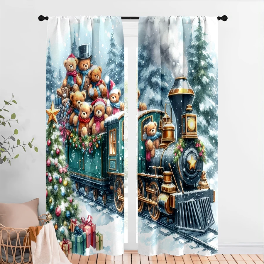 2PCS Christmas Winter Curtains, Teddy Bear Christmas Train, Digital Print, Bedroom Living Room, Rod Pocket Polyester, Home Decor