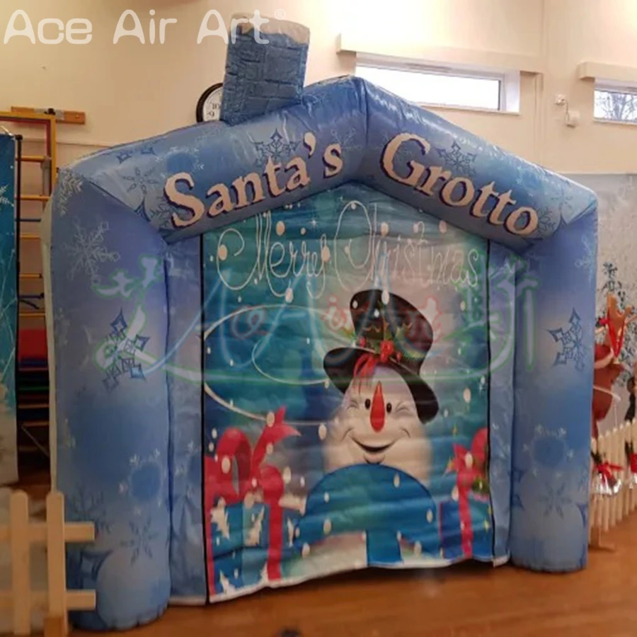インフレータブルクリスマステント サンタの洞窟 ブルー カスタムクリスマススノーハウス 印刷された雪だるまの暖炉付き ギフト配布用