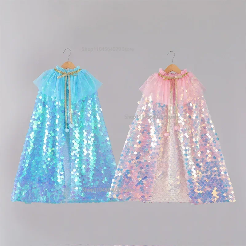 

Girls Little Mermaid Cloak Children Purim Colorful Sequined Capes Princess Cloak Kids Shiny Bright Party Costume Girl Dress up