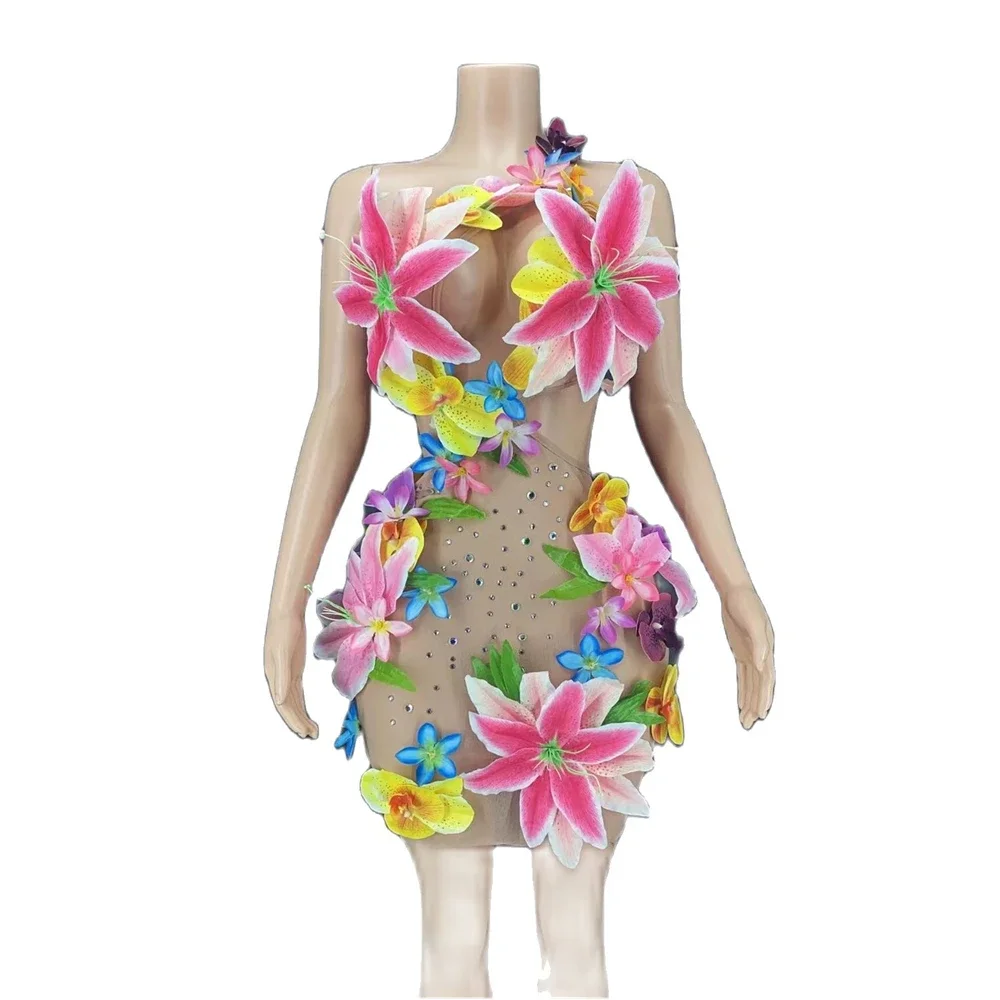 

Summer Women Big Flower Hula Dance See Through Short Dress Backless Beach Wear Stage Outfit Singer Hawaai Belly Pole Ballroom