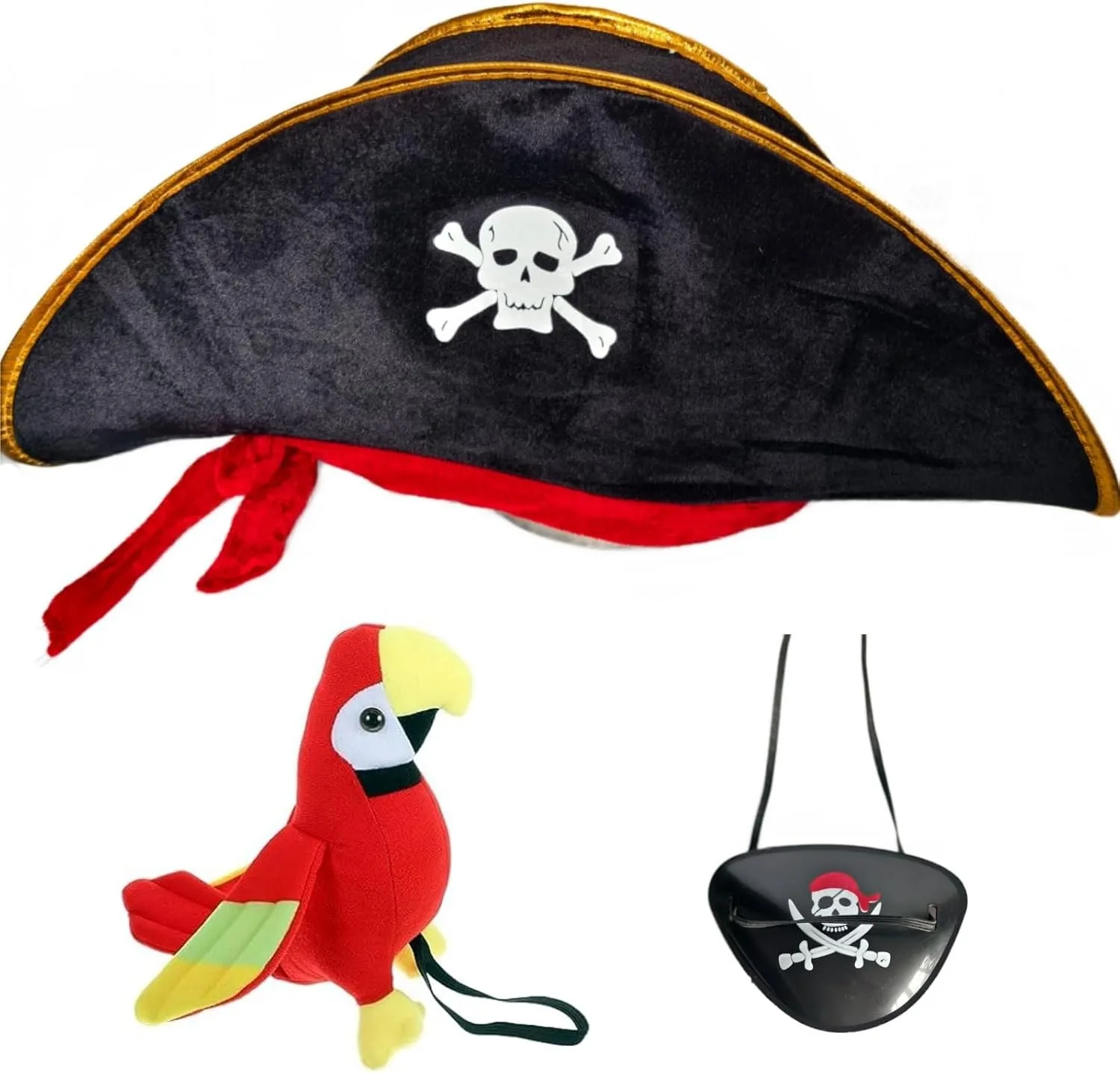 3 pçs chapéu de pirata & ombro recheado papagaio & remendos de olho, acessórios de fantasia de pirata remendo de impressão de caveira para mulher homens crianças adultos