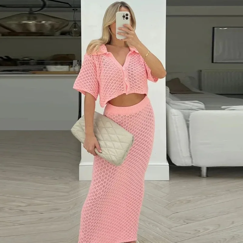 

Women's Sexy Knit Swimsuit Cover Up Casual Two-piece 2025 Summer V-neck Short Sleeve Loose Top Wrap Beach Half Skirt Set